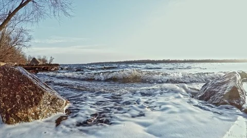 Landscape waves on the river a view of the stones Stock Footage 125487939
