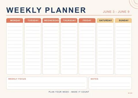 Landscape Weekly Planner With Seven Columns and Warm Color Headers Stock Illustration