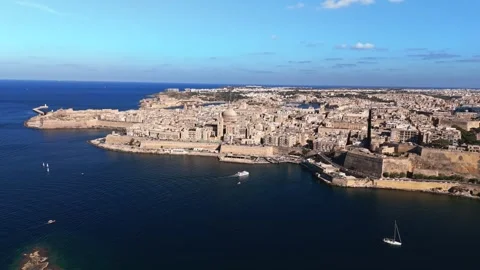 Landscape wide angle high drone shot static view of Valletta Malta in summer Stock Footage 335295368