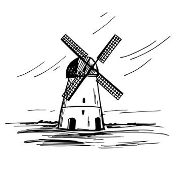 Landscape with a windmill. Vector sketch  illustration. Stock Illustration