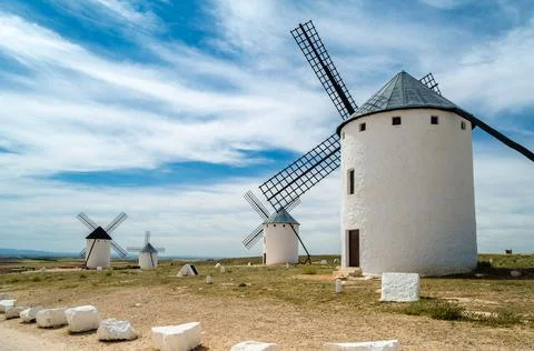 Landscape with windmills in Campo de Criptana, Castilla La Mancha, Spain Stock Photos