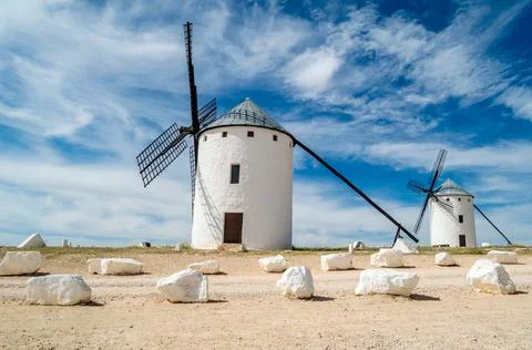 Landscape with windmills in Campo de Criptana, Castilla La Mancha, Spain Stock Photos