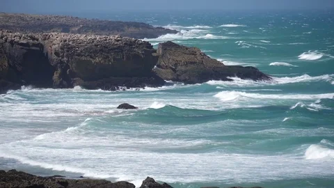 Landscape windy day cliffs with ocean waves slow motion Stock Footage 83144808