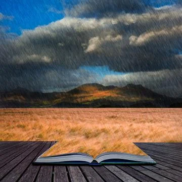 Landscape of windy wheat field in front of mountain range with dramatic sky i Illustrazione stock