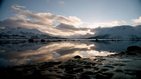 Landscape of winter deep snow mountains and blue cloudy sky background Stock Footage 121578109