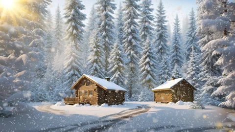 Landscape in a winter snowy forest with snowfall, old hut in the forest, time Stock Footage 265224212