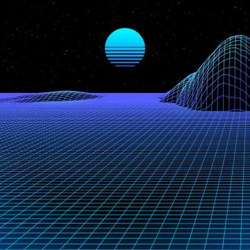 Landscape with wireframe grid of 80s styled retro computer game or science ba 스톡 일러스트