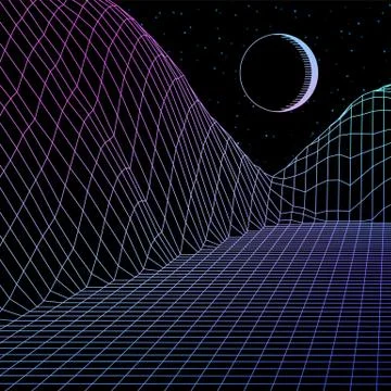 Landscape with wireframe grid of 80s styled retro computer game or science in イラスト素材