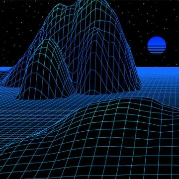 Landscape with wireframe grid of 80s styled retro computer game or science in Illustrazione stock