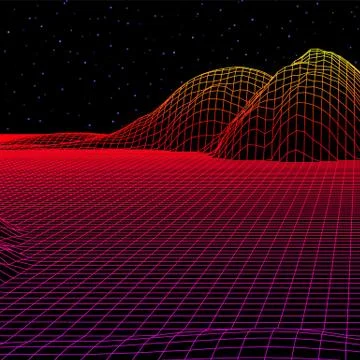 Landscape with wireframe grid of 80s styled retro computer game or science in 库存插图