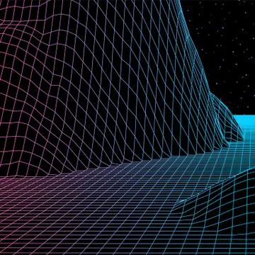Landscape with wireframe grid of 80s styled retro computer game or science in Stock Illustration