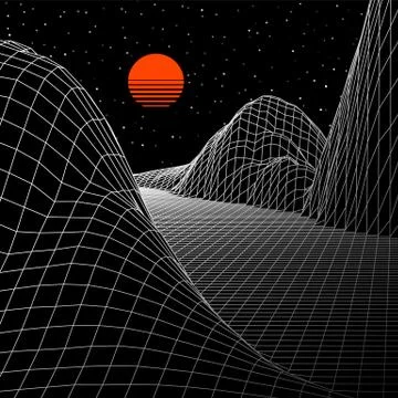 Landscape with wireframe grid of 80s styled retro computer game or science ba イラスト素材