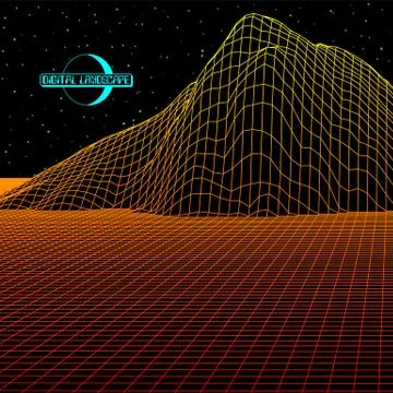 Landscape with wireframe grid of 80s styled retro computer game or science in 스톡 일러스트