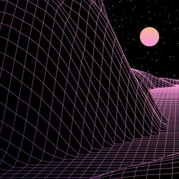 Landscape with wireframe grid of 80s styled retro computer game or science in Stock Illustration