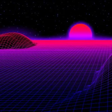 Landscape with wireframe grid of 80s styled retro computer game or science ba イラスト素材