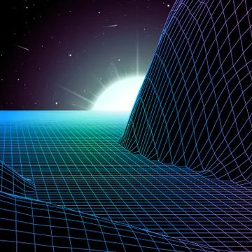 Landscape with wireframe grid of 80s styled retro computer game or science in Stock Illustration