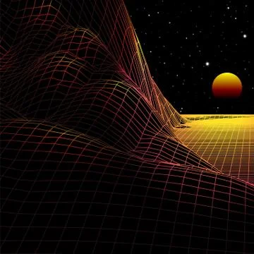 Landscape with wireframe grid of 80s styled retro computer game or science in 库存插图