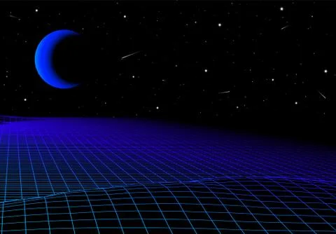 Landscape with wireframe grid of 80s styled retro computer game or science in 库存插图