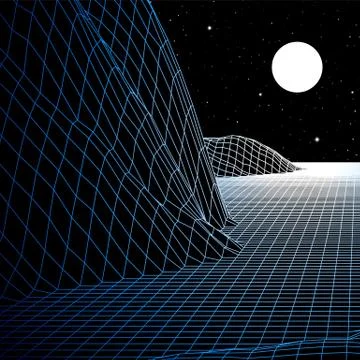 Landscape with wireframe grid of 80s styled retro computer game or science in 库存插图