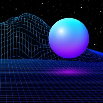 Landscape with wireframe grid of 80s styled retro computer game or science ba 스톡 일러스트