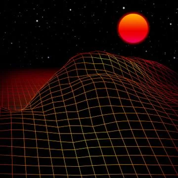 Landscape with wireframe grid of 80s styled retro computer game or science in Stock Illustration