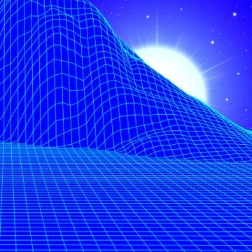 Landscape with wireframe grid of 80s styled retro computer game or science in Stock Illustration