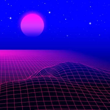 Landscape with wireframe grid of 80s styled retro computer game or science ba 스톡 일러스트