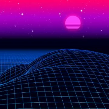 Landscape with wireframe grid of 80s styled retro computer game or science ba イラスト素材