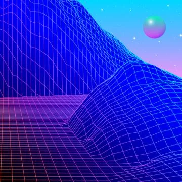 Landscape with wireframe grid of 80s styled retro computer game or science ba 库存插图