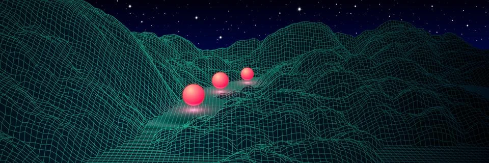 Landscape with wireframe grid of 80s styled retro computer game Stock Illustration