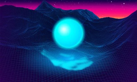 Landscape with wireframe grid of 80s styled retro computer game with lighting Stock Illustration