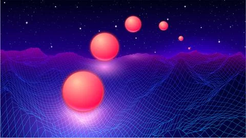 Landscape with wireframe grid of 80s styled retro computer game or science イラスト素材