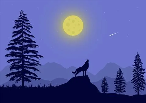 Landscape with wolf and moon Illustrazione stock