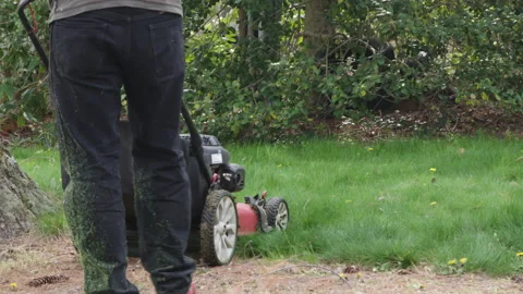 Landscaper attempts to start motor on small lawnmower with pull string Stock Footage 153311192