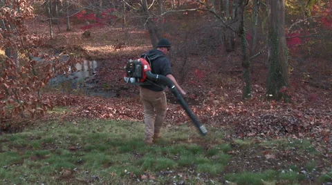 Landscaper clears section of grass with leaf blower Stock Footage 44775644