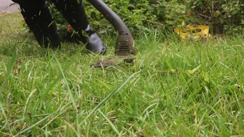 Landscaper Trimming Overgrown Grass with a String Trimmer Stock-Footage 347586844