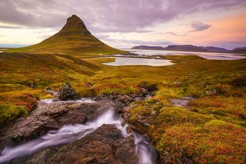 Landscapes and waterfalls. Kirkjufell mountain in Iceland Stock Photos