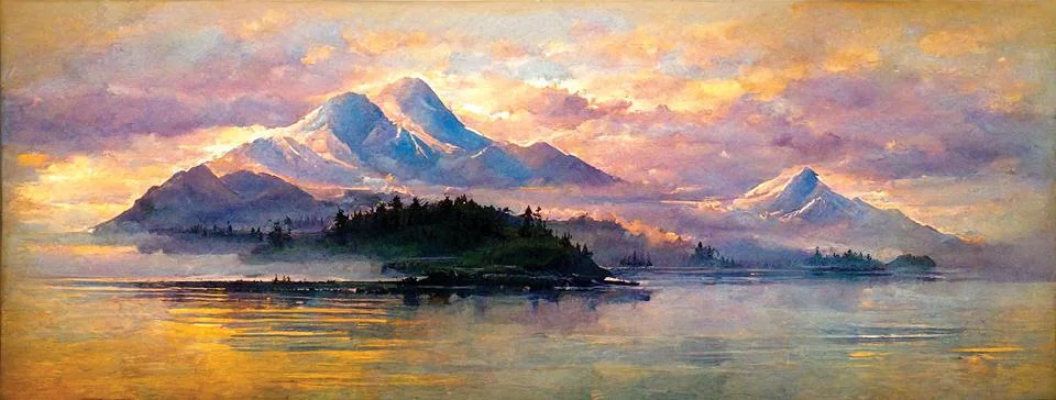 Landscapes of North America, panorama view. Sunrise at the lake. Alaska Stock Illustration