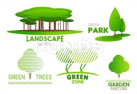 Landscaping design garden tree vector icons Stock Illustration