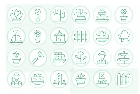 Landscaping Digital Vector Pack containing 24 PIXEL Perfect Thin Line Retin.. Stock Illustration