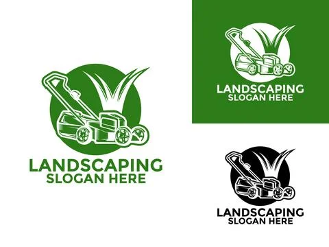 Landscaping logo design vector, Lawn mower and service illustration logo ve.. Stock Illustration