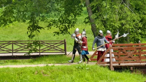 Landsknecht detachment guarding the bridge Stock Footage 244930448
