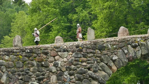 Landsknecht detachment guarding the bridge Stock Footage 244930494