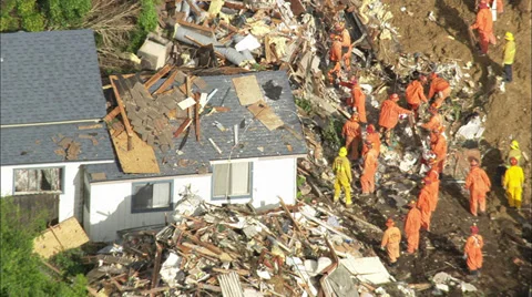Landslide Homes Workers Destruction Stock Footage 37316598