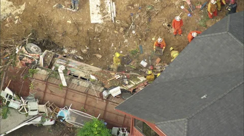 Landslide Homes Workers Destruction Stock Footage 37386154