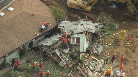 Landslide Homes Workers Destruction Stock Footage 37386322