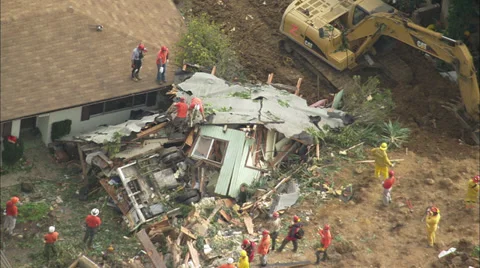 Landslide Homes Workers Destruction Stock Footage 37386392