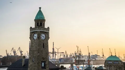 Landungsbruecken clock tower at evening hyperlapse tracking shot Stock Footage 73993083