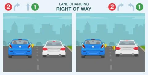 Lane changing right of way. Back view of a traffic flow on two lane road. Stock Illustration