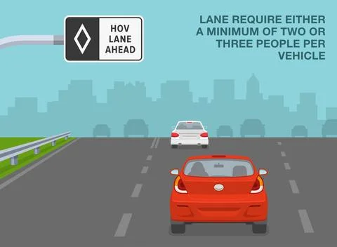 Lane require either a minimum of two or three people per vehicle. Back view. Stock Illustration